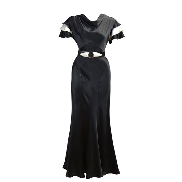 1930s Paramour Bias Cut Gown - Black & Ivory Satin - Picture 12 of 14